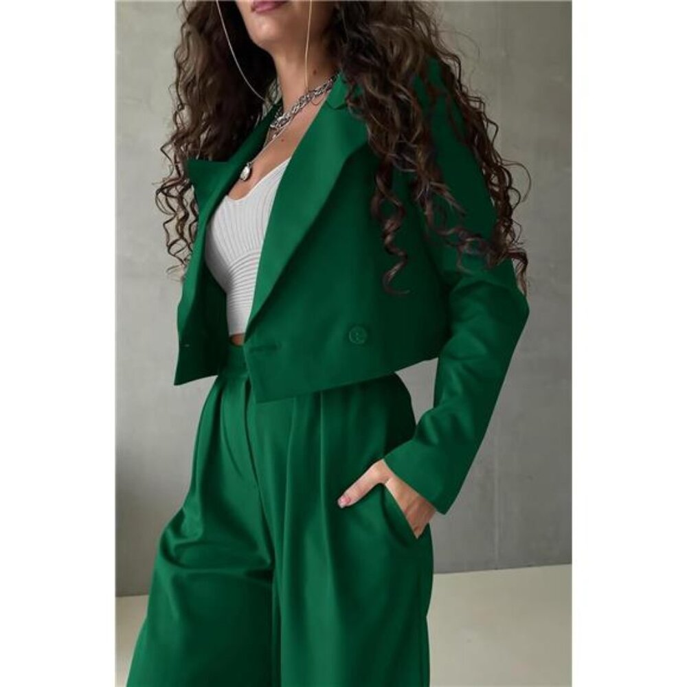 Women's 2 Piece Casual Outfits Cropped Blazer Jackets High Waisted - Picture 5 of 7